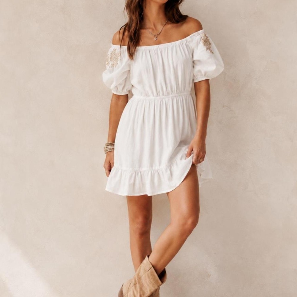 Knox Rose White Boho Off The Shoulder Embroidered Puff Sleeve Mini Dress XL NWT